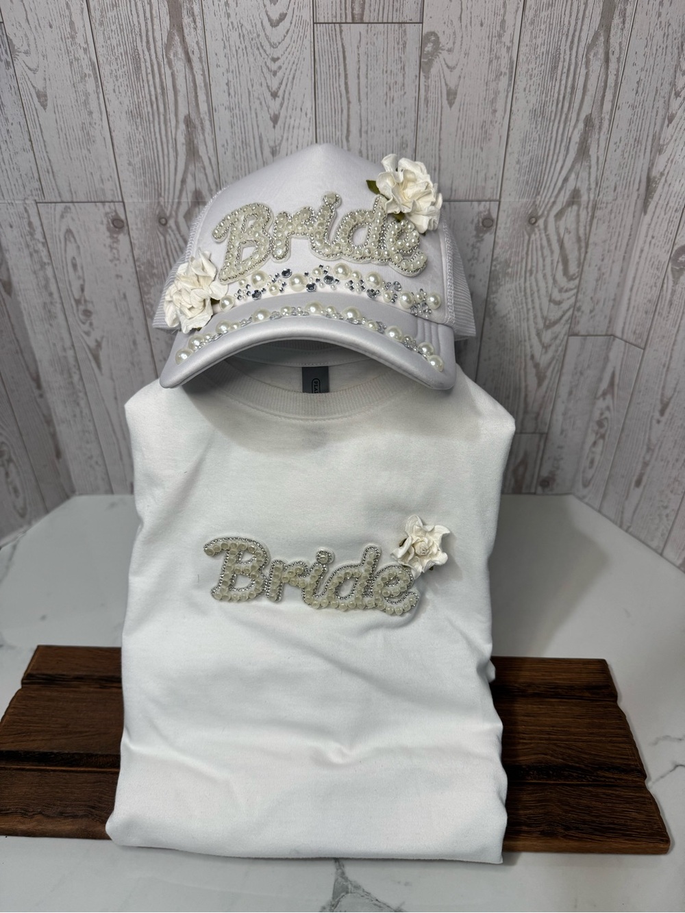 Embellished White 'Bride' Trucker hat and T-shirt Set